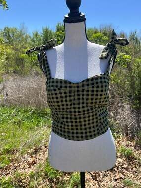 Rabbit Rose Green and Black Gingham Plaid Corset Style Crop Top